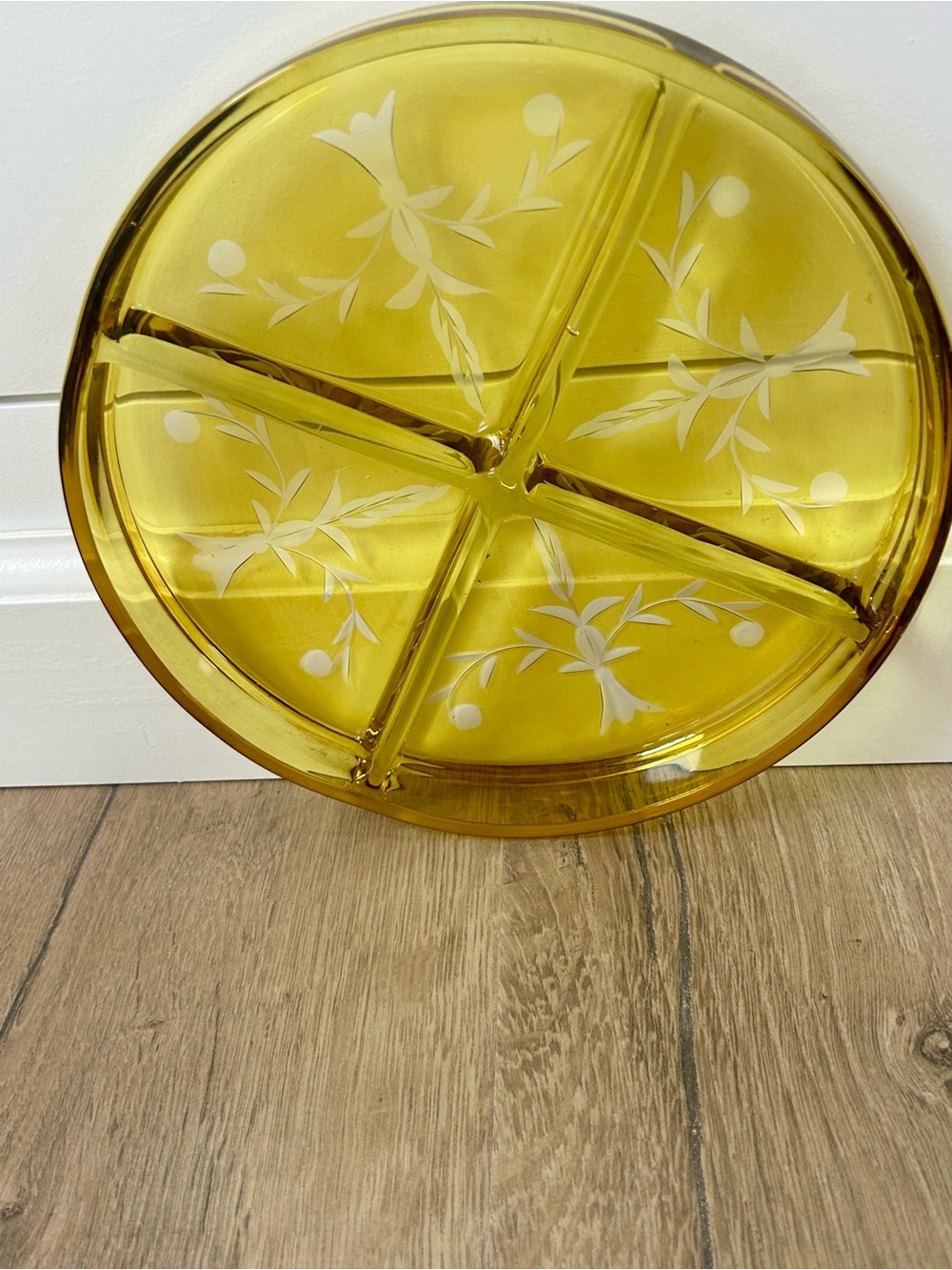 Vintage Royal Rochester 1624 yellow Floral Etched divided glass serving dish